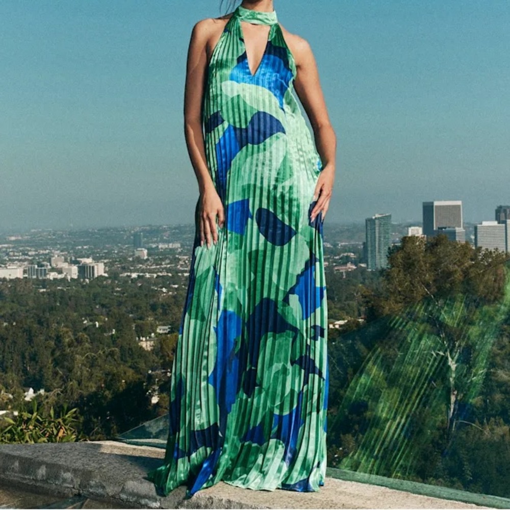 Prime Poise Green and Blue Abstract Satin Halter Maxi Dress
